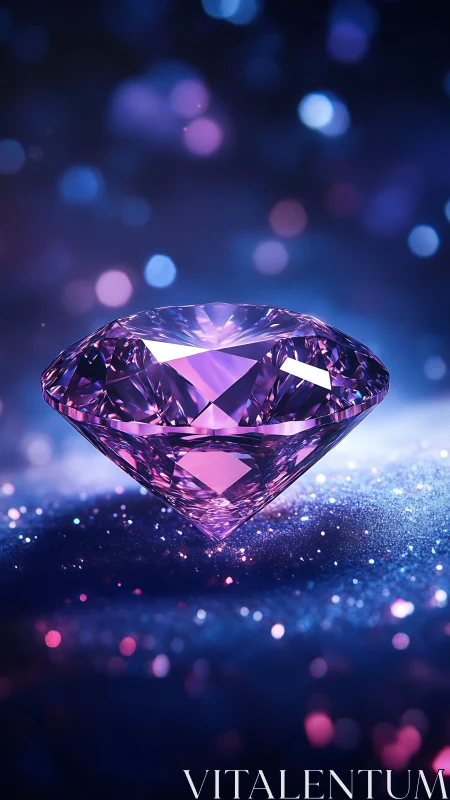 Violet-cut gemstone hovers above glittered bokeh surface