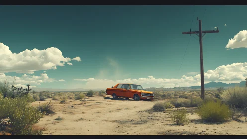Orange classic car waits under vast desert sky in silence