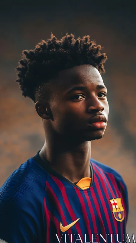 Young footballer in striped Barcelona jersey portrait.