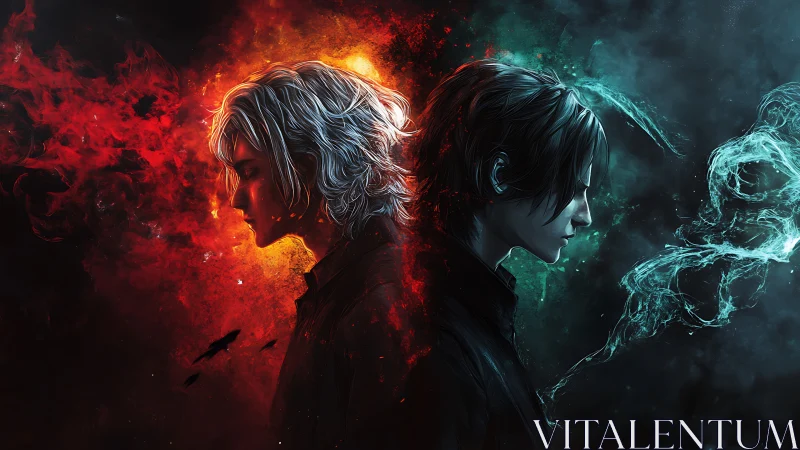 Two male figures contrasted by red fire and blue smoke.