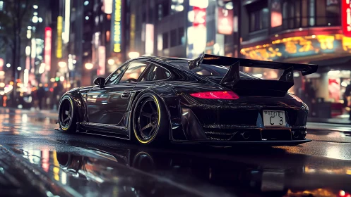Midnight widebody sports car in neon-lit urban rainscape.