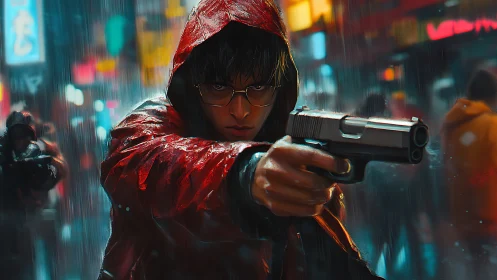 Hooded figure with handgun in wet urban night scene.