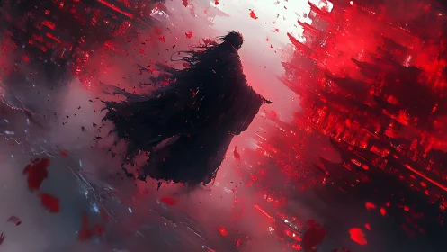 Lone cloaked warrior framed by red storm and city shards.