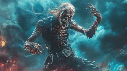 Flaming skeletal warrior rises through stormlit inferno sky.