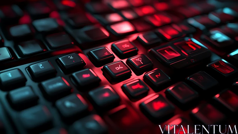 Neon-lit mechanical keyboard keys in cinematic red glow.