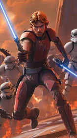 Armored Jedi warrior charging amid troopers and flames