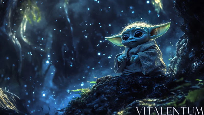 Small alien creature sits on mossy rock in glowing forest