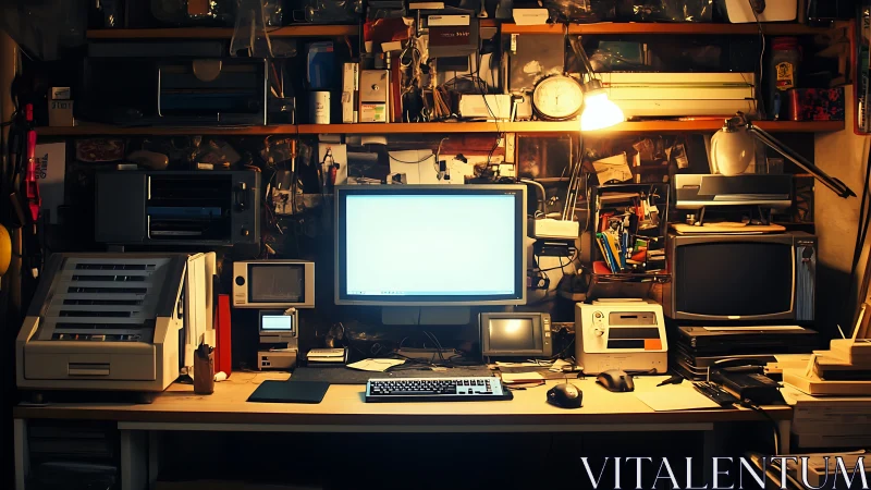 Computer workstation is surrounded by mixed vintage hardware