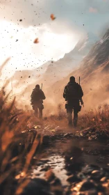 Soldiers advance through sunlit valley toward distant peaks