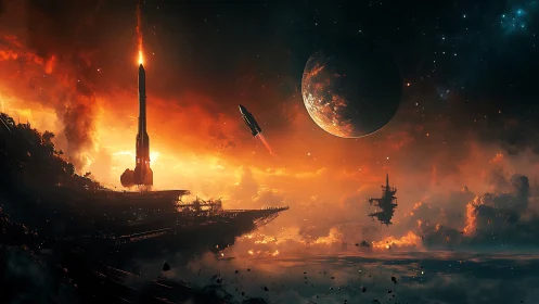 Fiery spaceport launch beneath a glowing distant planet.