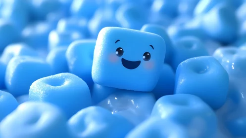 Blue cubic character surrounded by foam spheres.