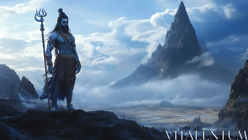 Mythic blue warrior stands before misty sacred mountain.