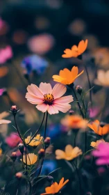 Colorful cosmos flowers blooming in soft focus garden.