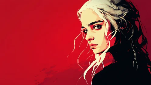 Fierce white haired heroine against bold crimson backdrop.