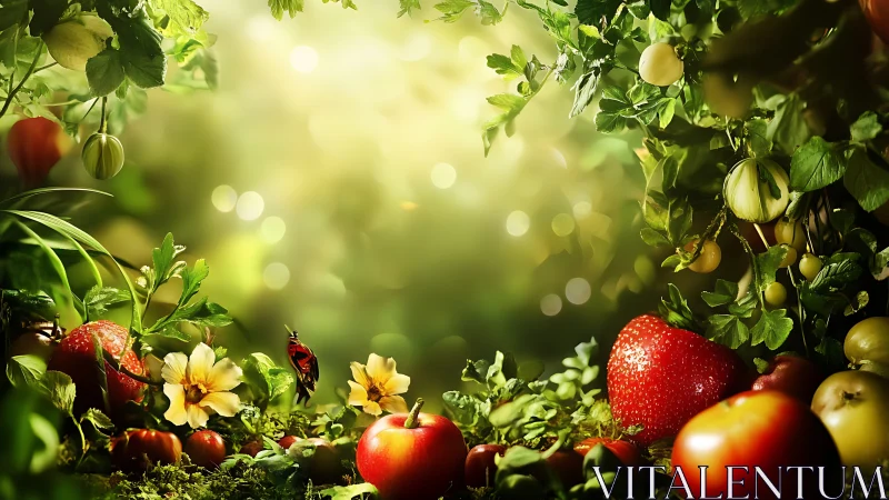 Sunlit forest feast with glowing berries and garden fruit.