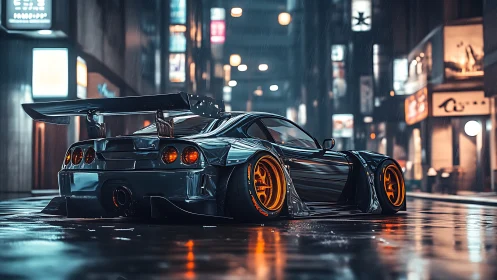 Midnight tuner supercar under neon rain in city alleyway.