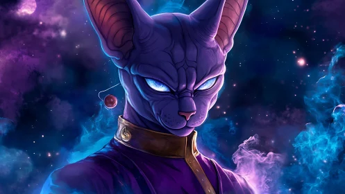 Galactic sphynx warlord glows amid nebula storms of starlight.