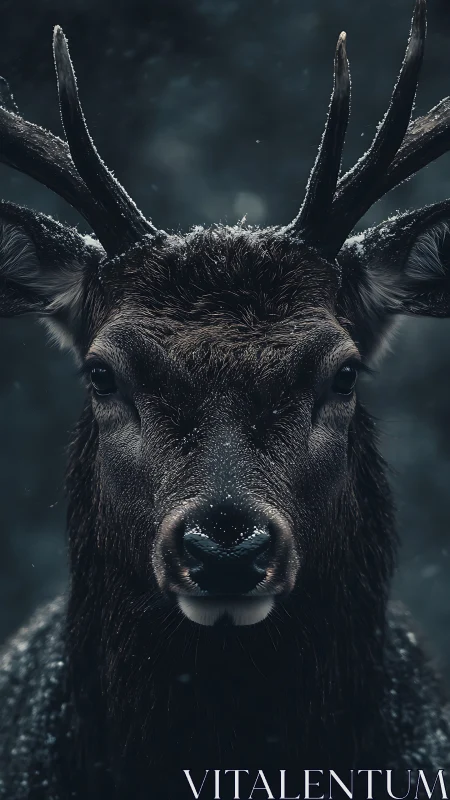 Front-facing stag portrait shows detailed wet fur and antlers