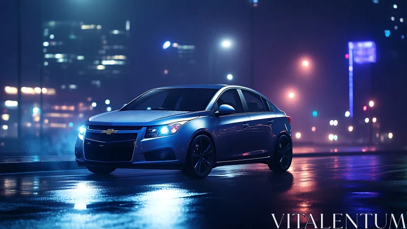 Silver Chevrolet sedan on wet city street at night period