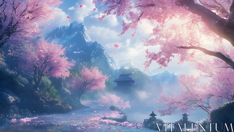 Mountain valley with cherry blossoms and distant temple.