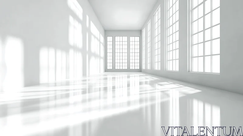 Sunlit white interior renders elongated window-grid reflections