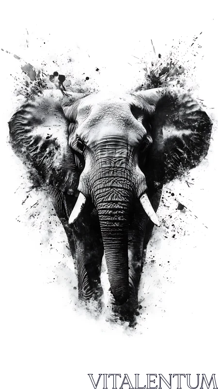 Bold elephant portrait walks forward in inky monochrome art
