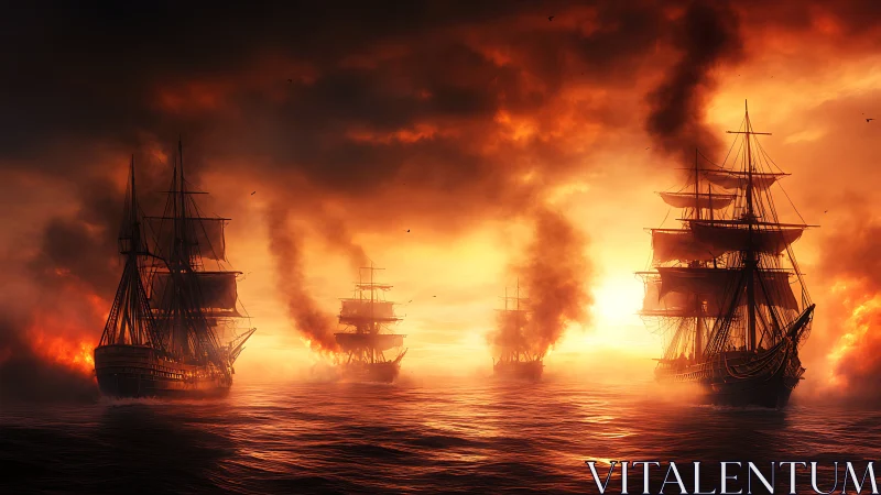 Burning warships advance through incendiary sunset seascape