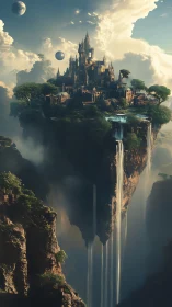Floating citadel above clouds with cascading skyward waterfalls.