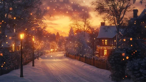 Snowy village street glows under a golden winter sunset