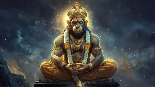 Celestial monkey deity in radiant golden meditation glow.