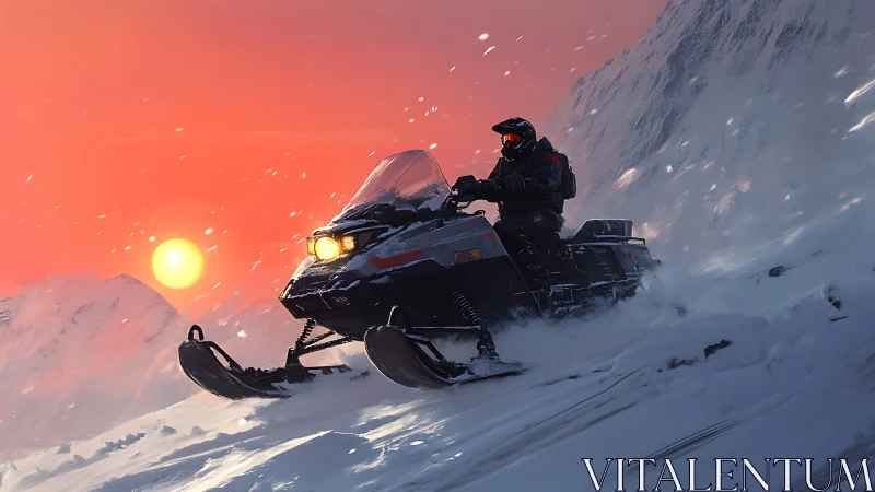 Snowmobile rider chasing sunset light across crisp peaks.