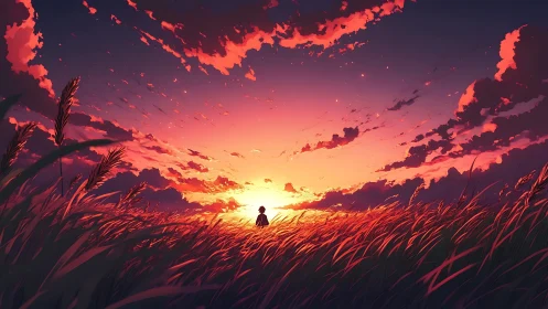 Sunlit figure in wind-swept wheat field at cinematic dusk.