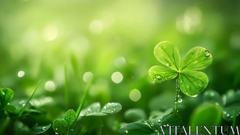 Four leaf clover rises above soft bokeh meadow