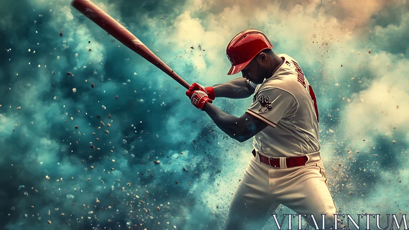 Powerful baseball hitter swings amid explosive dust clouds.