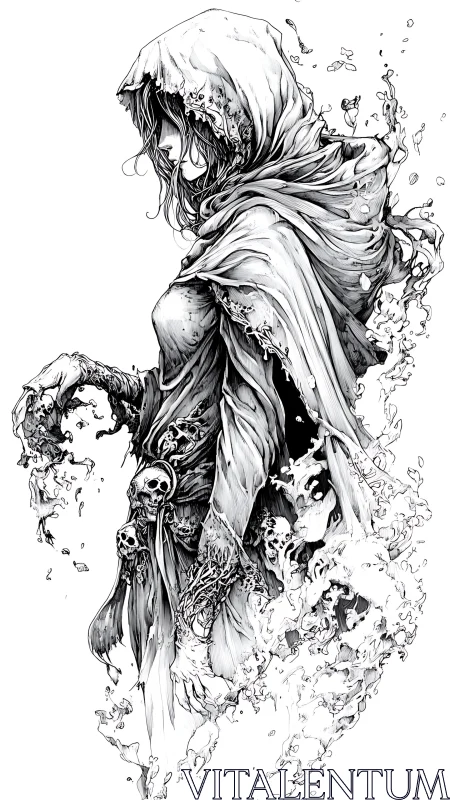 Hooded necromancer dissolves into skeletal smoke with intricate linework