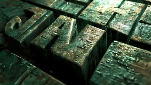 Close-up of Rusty Metal Letterpress Blocks in Industrial Style.