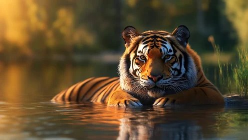 Tiger resting in golden sunset river, tranquil gaze focus.