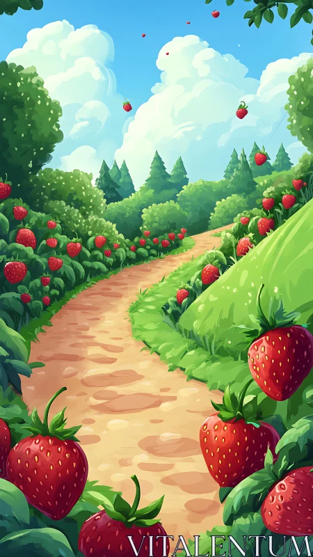 Strawberry-lined dirt path through stylized green landscape.