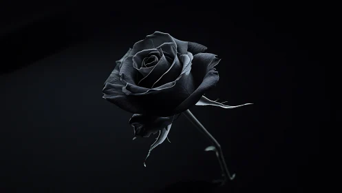 Black rose blooms against darkness with ethereal light.