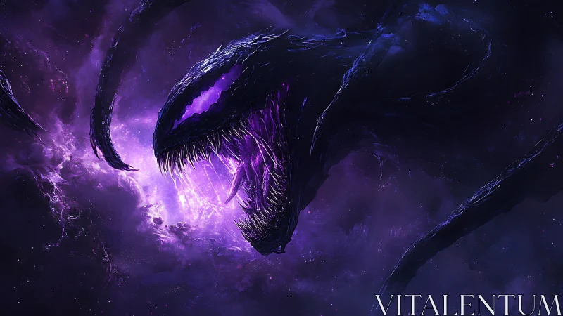 Cosmic void serpent emerging from radiant purple nebula maw