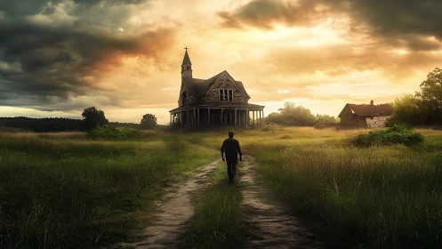 Backlit storm sky frames lone figure approaching derelict chapel