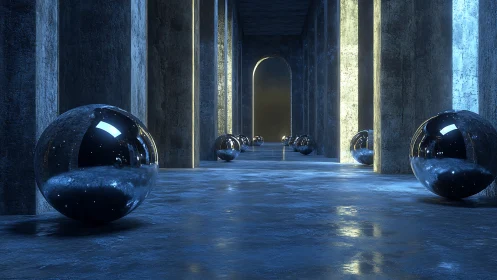 Mystical mirrored spheres glowing in a quiet blue corridor.