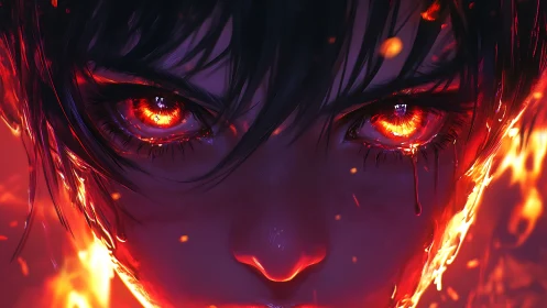 Fiery anime gaze with molten eyes and burning resolve.