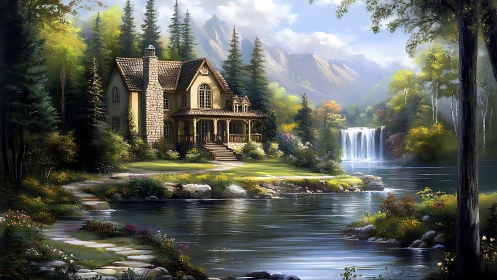Lakeside stone cottage amid conifer forest and distant waterfall