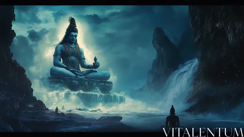 Majestic Shiva statue glows above misty cascading waterfalls