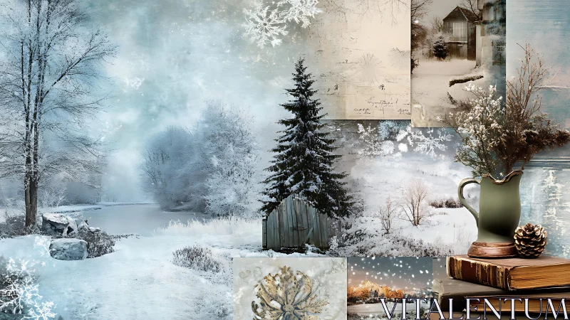 Cozy winter collage of snowy woods, memories, and quiet dreams.