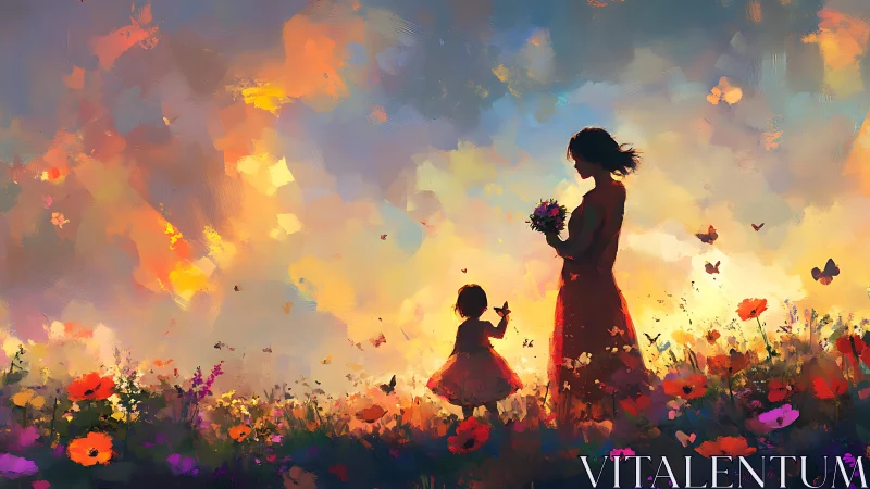 Mother and child silhouettes in bright sunset meadow scene.
