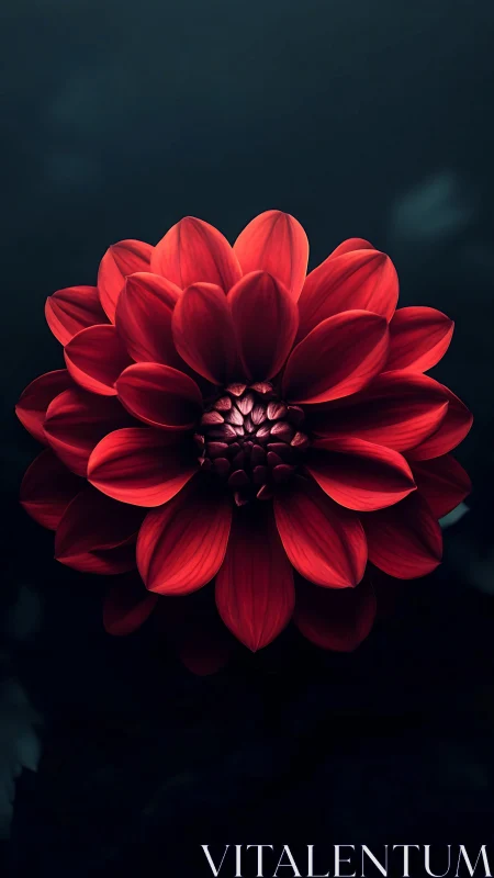 Vibrant Red Dahlia Bloom Against Deep Dark Background