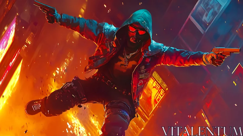 Hooded cyber rebel soaring through a neon city blaze.