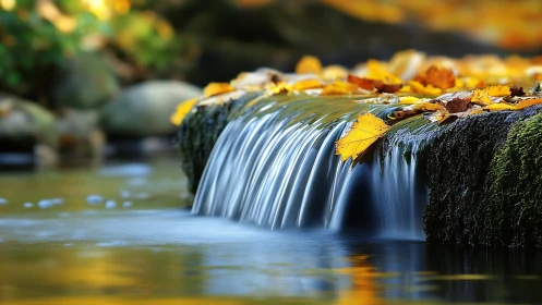 Autumn stream cascade with golden leaves and silky water flow.